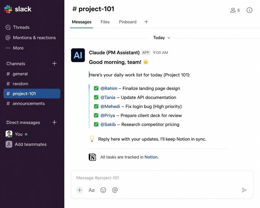 Slack updates flow into an always-current Notion board.